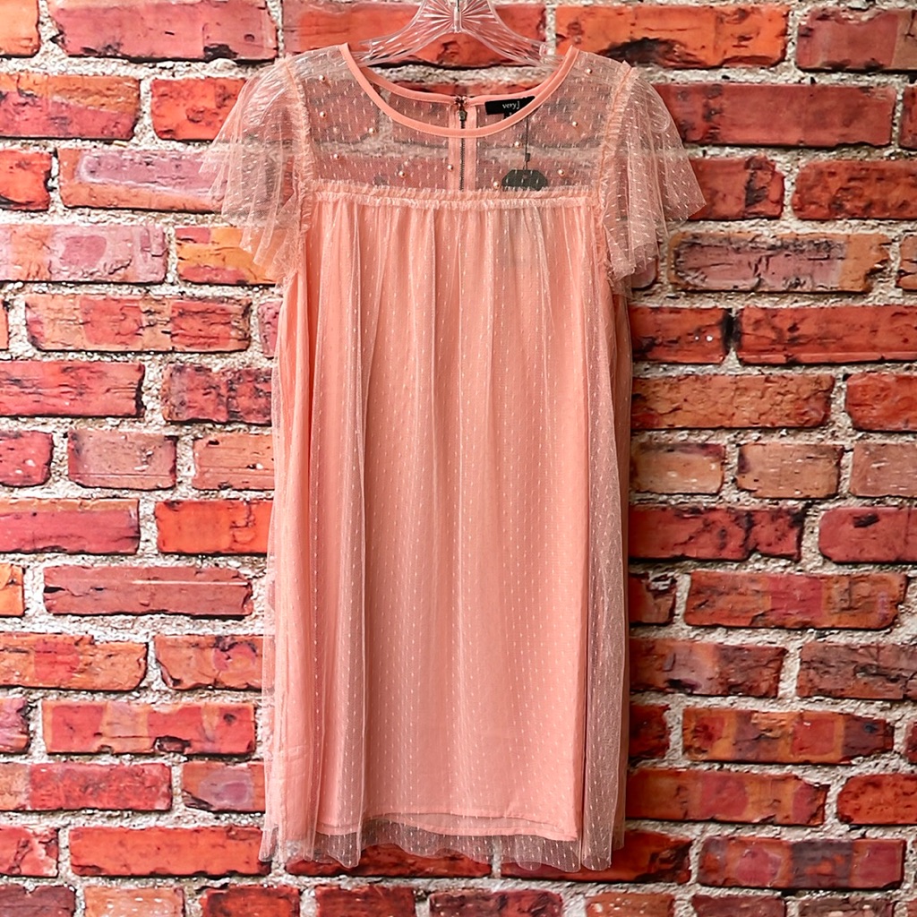 Coral Pink Very J Blush Babydoll Lacy Embellished Pearl Mini Dress